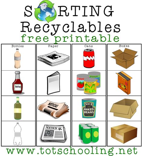 Sorting Recyclables Free Printable from Totschooling Recycling For Preschoolers, Recycle Printable, Recycle Preschool, Recycling Activities For Kids, Recycling Lessons, Recycling Activities, Children Activities, Earth Day Crafts, Recycling Sorting