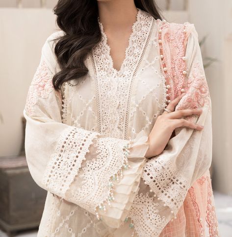 Necklines For Kurtis With Laces, Cutwork Fabric Dress, Chicken Lace Kurti Designs, White Lace Neck Design Kurti, Chikenkari Dress Ideas Pakistani, White Chicken Suit Designs, Chikenkari Dress Ideas, Lace Suit, Lace Dress Design