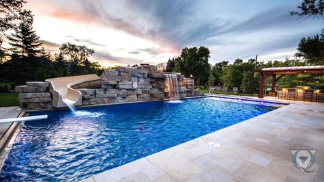 Pool With Stone, Inground Pool Slides, Pool With Slide, Stone Waterfall, Pool Kings, Gunite Swimming Pool, Swimming Pool Service, Inground Pool Landscaping, Rectangle Pool