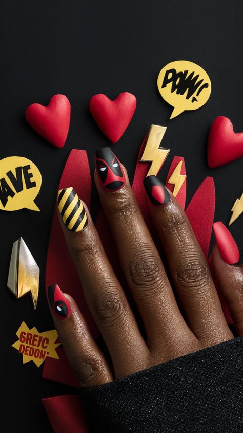 Unleashing my inner anti-hero with this vibrant yellow and red manicure inspired by the one and only Deadpool! 🎭✨ With playful comic-style designs and a pop of color, these nails are perfect for anyone ready to break the fourth wall and make a statement. Who's ready to join me on this mani adventure? 💅 Deadpool Inspired Nails, Deadpool Nails Acrylic, Deadpool Nails, Nail Journey, Breaking The Fourth Wall, Red Manicure, Style Evolution, Anti Hero, Deadpool Wolverine