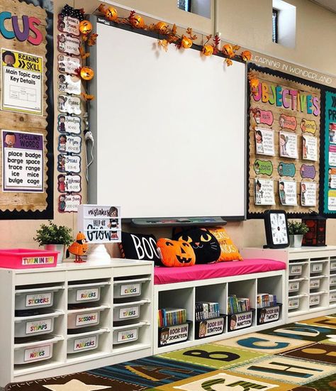 McKenna Woodley 10/21/18 My goal is to have my classroom this organized. Will it actually happen? Who knows, but this would give everything a place that not only you know of, but where the students know also. This will keep everyone happy and reduce the risk of a mess and lack of location for items. This would also majorly help with classroom management skills as the students know right where things are and can grab what they need rather than wandering or waiting around for their materials. Teacher Smartboard Area, 2nd Grade Special Education Classroom, Smart Board Decorations, Smartboard Decorations, Classroom Cubby Organization, Shelves In Classroom, Smart Board Classroom Set Up, Small Classroom Organization, Small Classroom Setup