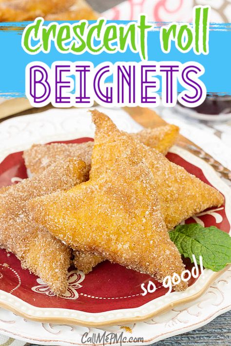 Crescent Roll Beignets are mouth-watering pillows of fried dough, smothered in cinnamon sugar. Breakfast doesn't get any simpler or better! #beignet #donut #homemade #recipe #breakfast #dessert Cronuts Recipe Easy Crescent Rolls, Beignet Recipe Easy, Crescent Sheet Recipes, Cresent Roll Desserts, Beignets Recipe Easy, Crescent Dough Sheet Recipes, Cinnamon Sugar Crescent Rolls, Cinnamon Sugar Breakfast, Crescent Desserts