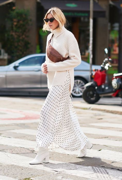 white shoes trend: Camille Charriere wearing a pair of white Mango boots Polka Dot Skirt Outfit, Dot Skirt Outfit, Mango Boots, Layering Outfits Fall, Simple Outfit Ideas, Street Style Skirt, White Footwear, Camille Charriere, Best Maxi Dresses