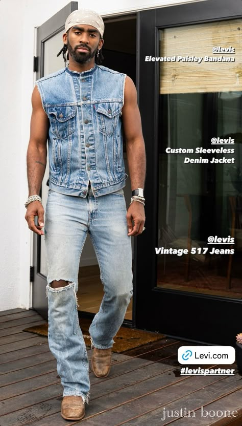 90s Denim Outfit, Men Cowboy Outfits, Cowboy Streetwear, Western Outfits Mens, Jean Vest Outfits, Denim Outfit Men, Man Dressing Style, Trendy Boy Outfits, Aesthetic Outfits Men