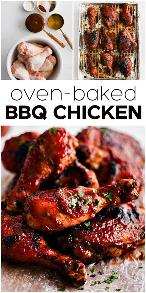 This Easy Baked BBQ Chicken Recipe is moist and juicy on the inside and deliciously charred and sticky on the outside. Super easy to make, it’s the best oven-baked barbecue chicken and perfect for year-round family dinners. Best Oven Bbq Chicken, Bbq Chicken Recipes Oven, Bbq Chicken Oven Baked, Bbq Chicken In Oven, Barbecue Chicken In The Oven, Oven Baked Bbq Chicken Breast, Easy Baked Bbq Chicken, Barbecue Chicken Breast Recipes, Baked Bbq Chicken Drumsticks