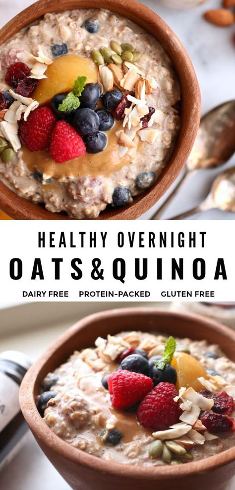 Breakfast just got easy with this no cook, vegan, overnight oats and quinoa recipe! It's vegan, super healthy, gluten free, and packed with protein! #glutenfree #overnightoats #dairyfree #vegan #breakfast Healthy Vegan Overnight Oats, Overnight Oats And Quinoa, Overnight Oats With Quinoa, Quinoa Overnight Oats, Quinoa Oatmeal Breakfast, Quinoa Overnight Breakfast, Overnight Grains, Puffed Quinoa Recipes, Overnight Quinoa Breakfast