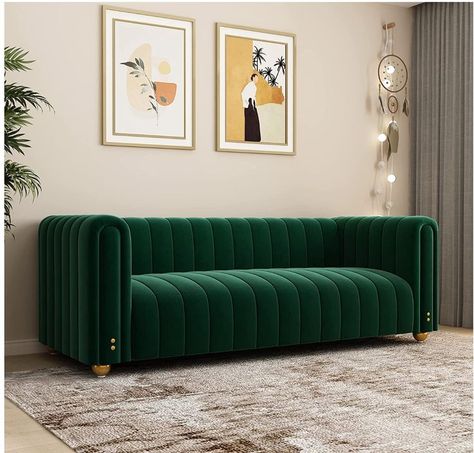 This beautiful green couch is a staple peice to your moody aestetic Dark Green Couches, Emerald Green Couch, Green Velvet Couch, Extra Deep Sofa, Modern Couches Living Room, Green Sofa Living, Green Couch Living Room, Mid Century Modern Couch, Sofa Futon