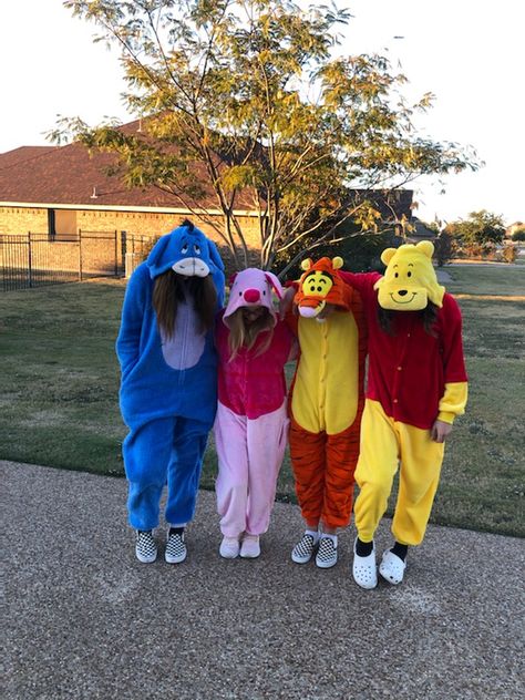 Winnie The Pooh Friend Group Costumes, Winnie And The Pooh Costumes, Costumes For 4 People Halloween, Group Halloween Costumes For Groups Of 4, 3 People Disney Costumes, Whinney Pooh Halloween Costume, Tiger And Pooh Costume Couple, Winnie The Poo Costume Group, Eeorye Costume