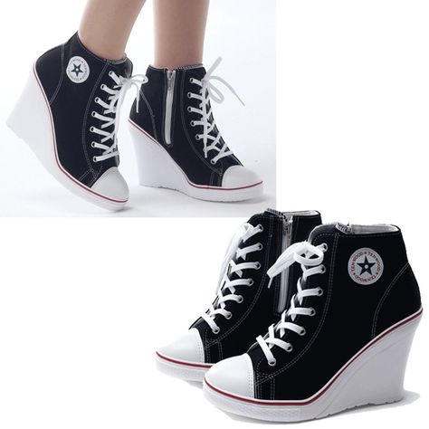 tenis-sneakers-tacon-wedge-tipo-converse-envio-gratis-3514-MLM4380639120_052013-F Converse Heels, Hak Tinggi, Mode Punk, Kawaii Shoes, Shoes Canvas, غرفة ملابس, Girly Shoes, Prom Shoes, Womens Shoes High Heels