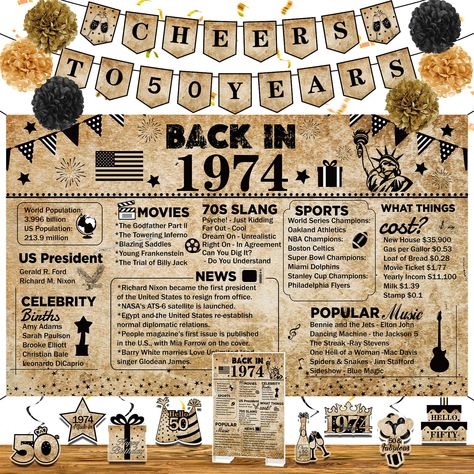 PRICES MAY VARY. 🎁50th Birthday Decorations Kit: The 50th birthday decorations kit includes 1 Back in 1974 banner backdrop,1 back in 1974 poster,1 cheers to 50 years banner, 8pcs hanging swirls, 6pcs paper poms. These 50th birthday decorations are enough to meet your different decorating needs, and easily create a strong birthday atmosphere for your home 🌻Product Size: The classy vintage birthday decorations is sized at 70.8 inches x 43.3 inches. The banner is large enough to cater to your par 50th Birthday Wooden Gifts, Back In 1974 Poster, 50th Birthday Main Table, Fun 50th Birthday, 50th Birthday Decor For Men, 50th Birthday Party Theme For Men, Made In 1972 Birthday, 50th Bday Decoration Ideas, 50th Birthday Decoration Ideas For Men