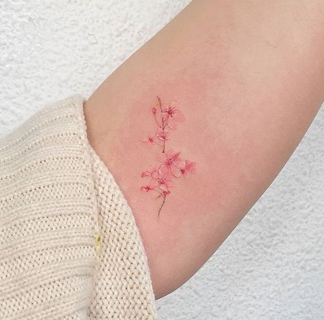 Micro Cherry Blossom Tattoo, Forearm Cherry Blossom Tattoo, Mini Cherry Blossom Tattoo, Minimal Cherry Blossom Tattoo, Cherry Branch Tattoo, Small Coloured Tattoos, Pink Cherry Blossom Tattoo, Cherry Blossom Tattoo Forearm, Cherry Blossom Wrist Tattoo