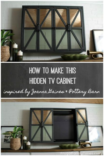 How to make a Hidden TV Cabinet with mirrors inspired by Joanna Gaines's on Fixer Upper and a Pottery Barn hack. Our DIY version cost less than half of the PB version! When you hide the TV your room feels more thoughtful and sophisticated.  #howto #diy #tv #fixerupper #joannagaines #potterybarn #frugalfamilytimes Mirror To Hide Tv, Tv Cover Up Hide Tv Diy, Tv Wall Cabinets Hide Tv, Diy Tv Cover Hide Tv, Tv Cover Up Hide Tv, Tv Hiding Ideas, Tv Camouflage, Diy Tv Cover, Diy Hidden Tv