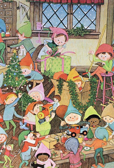 Santa's Elves Illustration, Elf Christmas Illustration, Christmas Elves Art, Vintage Christmas Elves Illustration, Christmas Elves Illustration, Gyo Fujikawa, Vintage Christmas Illustration, Vintage Christmas Elves, Christmas Elfs