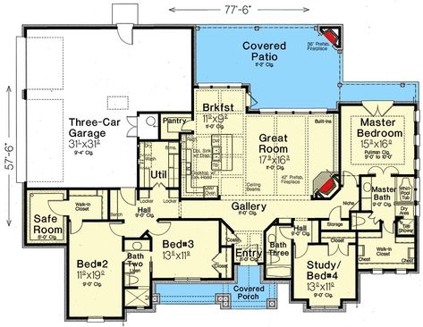 House Plans With Safe Room, One Story House Plans, Room Floor Plan, Ranch Homes, Garage Bedroom, Hill Country Homes, Secret Safe, Gambrel Roof, Mansion Floor Plan