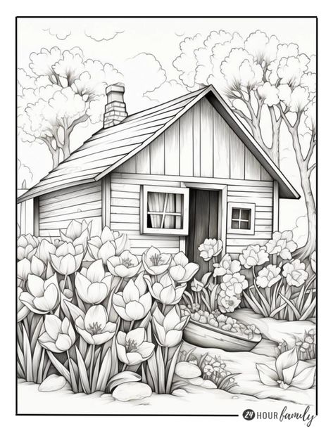 Field Of Flowers Coloring Page, House With Flowers Drawing, Garden Coloring Pages Free Printable, Free Printable Coloring Pages For Adults, House Coloring Pages Free Printable, Country Coloring Pages, Spring Coloring Pages Free Printable, Cottage Coloring Pages, Free Spring Coloring Pages