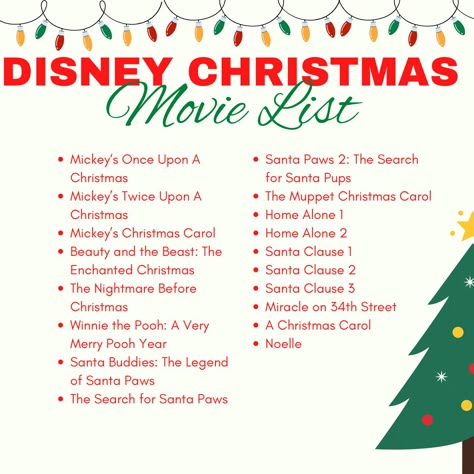 Disney Christmas Episodes List, Disney Christmas Movies List, Disney Christmas Episodes, Christmas Watchlist, Movie List Disney, Winter Movies List, Disney Christmas Movies, Christmas Sleepover, Disney Movie Night Dinner