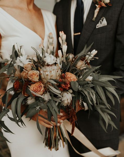 This lush bouquet features greenery + rust and peach-colored blooms | Image by Madeline Shea Photography Bohemian Wedding Bouquet, Sonoma Wedding, Flowers And Greenery, Wedding Week, Fall Wedding Bouquets, Fall Wedding Flowers, Orange Wedding, Wedding Flower Arrangements, Vineyard Wedding