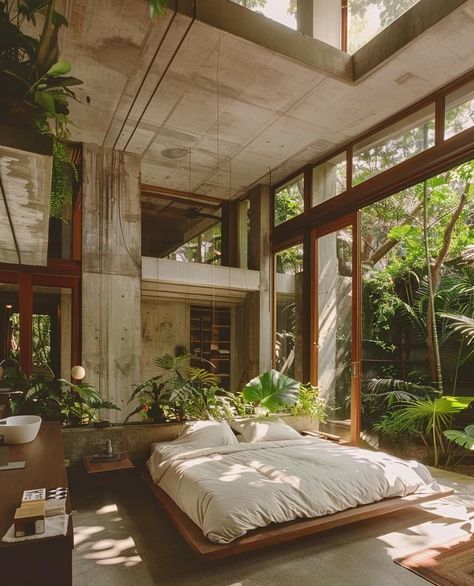 Modern Earthy Home Exterior, Modern House In Woods Aesthetic, Japanese Inspired Home Design, Nature Home Interior, Modern Forest House Interiors, Art Filled Home, Wall Inspiration Living Room, Tree In House, Modern Nature House