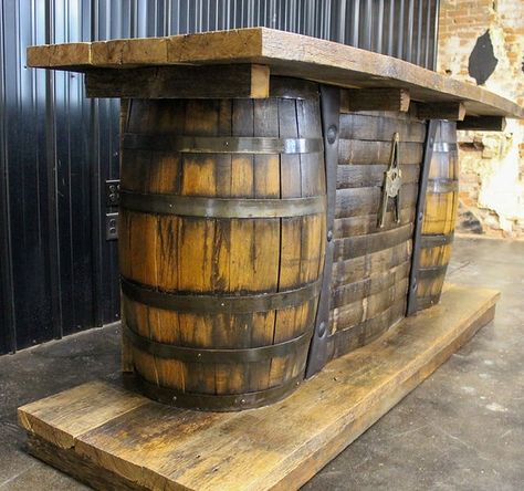 Whiskey Barrel Bar | Home Bar | Man Cave Bar | Ranchland Rustics Ltd. Whiskey Barrel Table Diy, Barrel Table Diy, Diy Bar Top, Diy Whiskey Barrel, Metal Barrel Furniture, Bourbon Barrel Furniture, Bourbon Barrel Bar, Whiskey Rack, Whiskey Barrel Bar