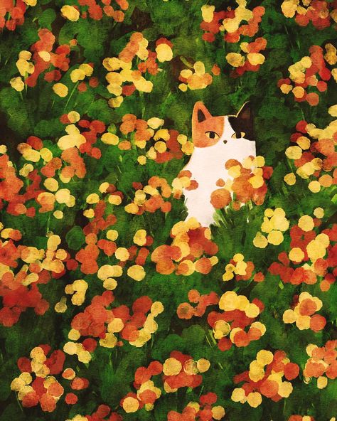 Cat In Wildflowers, Field Flowers Illustration, Cat In Field, Mystery Illustration, Meadow Illustration, Flower Garden Drawing, Flowers And Cats, Smartwatch Wallpaper, Mystery Of Love