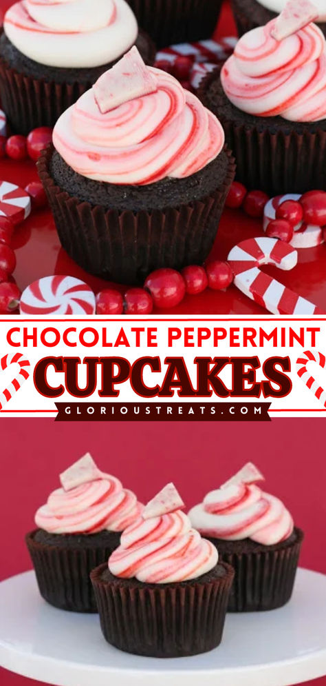 Add these Chocolate Peppermint Cupcakes to your favorite Christmas baking ideas! These homemade chocolate cupcakes are topped with a special holiday peppermint frosting. Pin this easy Christmas dessert idea! Peppermint Frosting, Chocolate Peppermint Cupcakes, Peppermint Cupcakes, Christmas Cupcakes Recipes, Peppermint Cake, Peppermint Cream, Bored Board, Holiday Cupcakes, Bake Goods