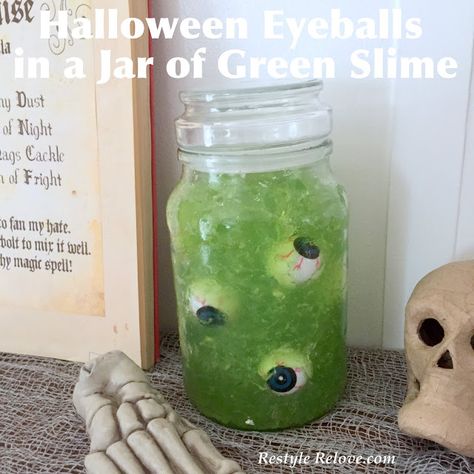 Eyeballs In A Jar Halloween, Eyeballs In A Jar, Haunted Garage, Jar Terrarium, Halloween Spell Book, Halloween Slime, Halloween Spells, Green Slime, Halloween Jars