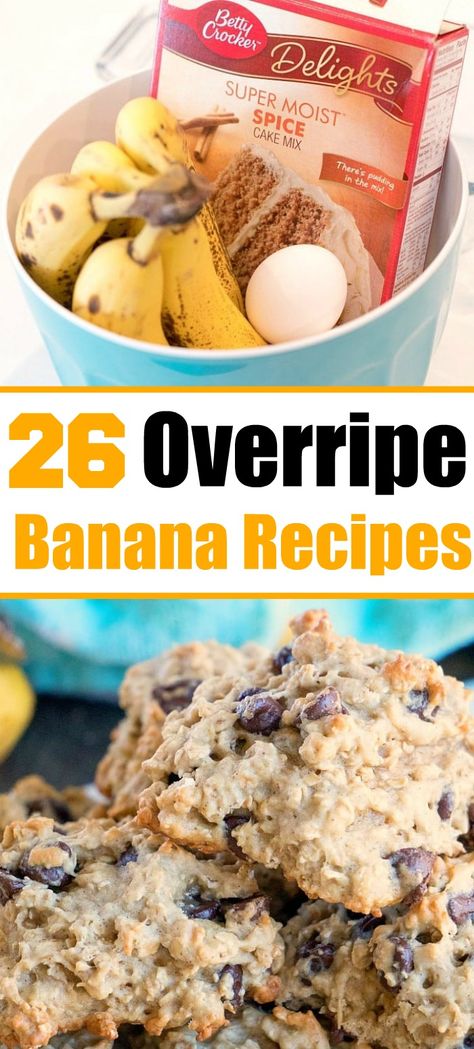 Overripe banana recipes!! #banana #overripe #breakfast #cookies #bread Recipes For Bananas, Banana Dishes, Easy Banana Recipes, Overripe Banana Recipes, Bananas Recipes, Moist Spice Cake, Banana Desserts, Banana Recipes Overripe, Ripe Banana Recipe