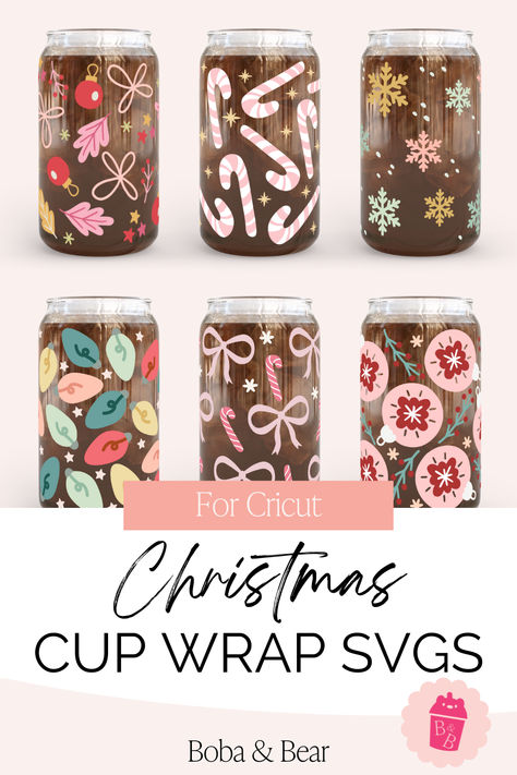 Christmas Jars Cricut, Circuit Tumbler Ideas, Cricut Cup Wrap, Cricut Cup Ideas Vinyls, Cricut Christmas Gift, Boba Bear, Cricut Cups, Cricut Christmas, Glass Wrap