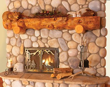 Half Log Mantels | Character mantel with hand-notched log supports that cradle the Log Mantle, Unique Fireplace, Mountain House Decor, River Rock Fireplaces, Rock Fireplace, Rustic Fireplace Mantels, Cabin Fireplace, Log Fireplace, Mantle Ideas