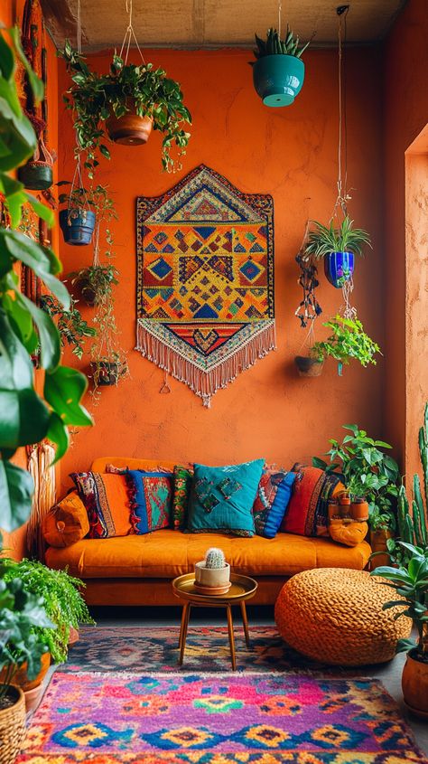 40 Inspiring Earthy Living Room Concepts Boho Living Room Orange, Colorful Small Living Room, Light Orange Walls, Terracotta Walls Living Room, Orange Boho Living Room, Earthy Color Palette Living Room, Vibrant Colors Aesthetic, Burnt Orange Walls, Green And Orange Living Room