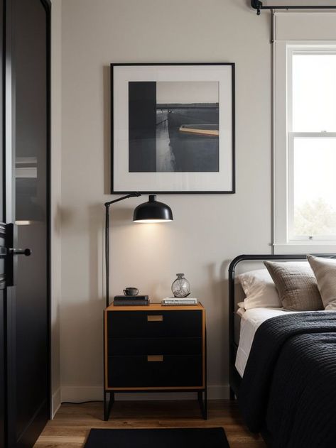 Masculine Bedroom Ideas, Male Bedroom, Masculine Bedroom, Black Nightstand, Bedroom Ideas, Apartment, Bedroom, Lighting