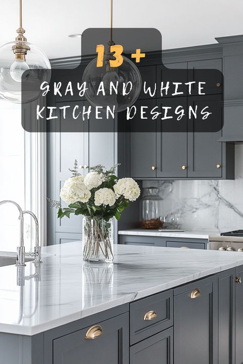 Make your kitchen stand out with stylish gray and white designs. Ready to embrace elegance and simplicity? Click for breathtaking ideas! 🍴🏠 #GrayWhiteKitchen #KitchenDesigns #HomeStyle #ElegantInteriors #KitchenMakeover White Gray Cabinets Kitchen, Kitchen Mood Board Grey Cabinets, White Kitchen Gray Tile Floor, Gray White And Brown Kitchen, Grey Kitchen Cabinets With White Counter, White Kitchen With Grey Cabinets, Gray Floors In Kitchen, White Gray Granite Countertops, Gray And White Kitchen With Gold Accents