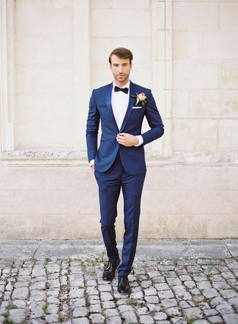 Groom Style Blue, Navy Blue Suit Groom, Wedding Suit Blue, Blue Tuxedo Wedding, Men Wedding Suit, Suit For Men Wedding, Navy Tuxedos, French Chateau Wedding, Blue Tuxedo