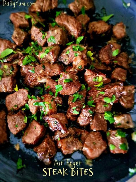 Garlic Butter Air Fryer Steak Bites - Daily Yum Butter Steak Bites Crockpot, Garlic Butter Steak Bites Crockpot, Steak Bites Crockpot, Beef Bites, Daily Yum, Good Steak Recipes, Ninja Grill, Sirloin Steak Recipes, Garlic Butter Steak Bites