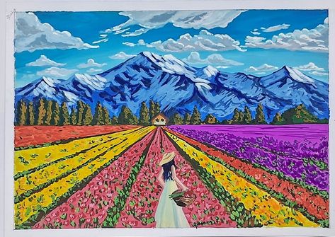 Simple poster colour painting  with tulip garden and beautiful lady Tulip Garden Painting, Simple Poster Colour Painting, Guache Art, Poster Colour Painting, Poster Color Painting, Tulip Garden, Watercolor Art Landscape, Farm Kids, Tulips Garden