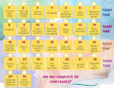 preview of the free sibling 30-day kindness challenge calendar Building Sibling Relationships, How To Help Siblings Get Along, Sibling Kindness Challenge, Sibling Relationship Building Activities, Sibling Bonding Activities, Sibling Challenge, Sibling Friendship, Siblings Relationships, Printable Challenge