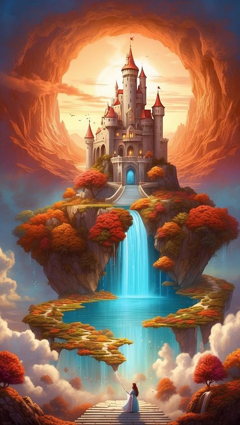 Castle With Waterfall, Royalty Theme, Castle Sketch, Book Drawings, Illusions Art, Faery Art, Optical Illusions Art, Fairytale Castle, Fantasy Castle