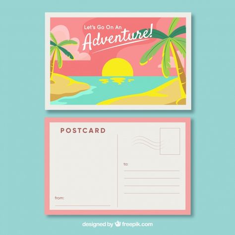 Travel postcard with beach view in flat style Free Vector Travel Postcards Ideas, Cute Postcard Ideas, Cute Postcard Design, Postal Card Design, Travel Postcard Design, Travel Design Inspiration, Postcard Design Layout, Postcard Graphic Design, Postcard Design Ideas