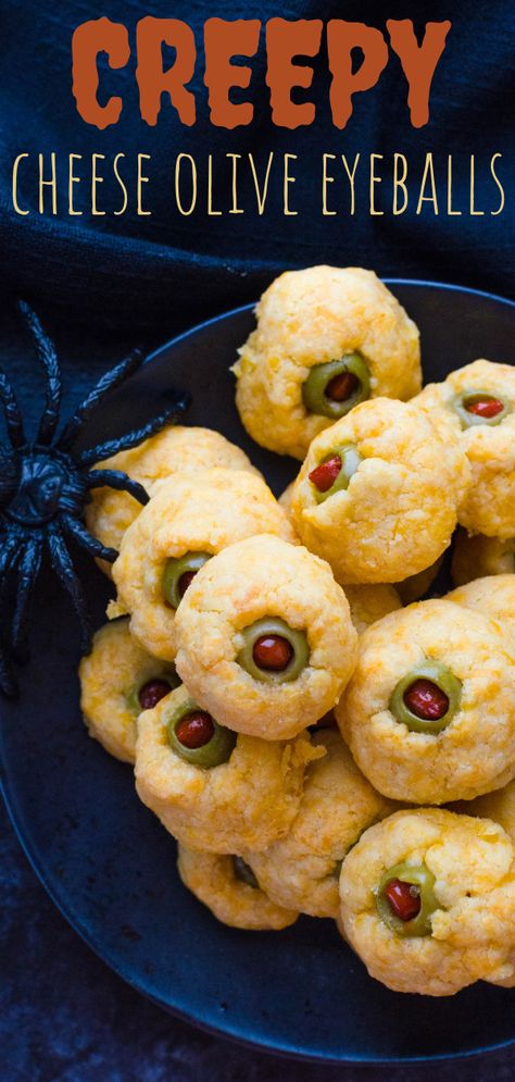 Creepy Cheese Olive Eyeballs Easy Halloween Savory Food, Halloween Appetizer Ideas Party Snacks, Pumpkin Cheese Ball Video, Halloween Party Dips For Adults, Halloween Adult Appetizers, Halloween Appetizers For Party Adults Easy, Halloween Party Foods For Adults, Halloween Treats Easy Simple, Easy Halloween Appetizers For A Party