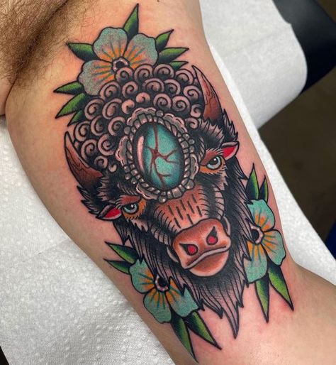 Turquoise Tattoo, Pearl Tattoo, Cowgirl Tattoos, Cowboy Tattoos, Punk Tattoo, Traditional Style Tattoo, Bull Tattoos, Western Tattoos, Traditional Tattoo Sleeve