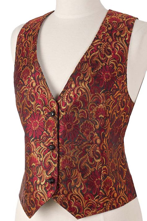 Womens red, black, and gold brocade vest Brocade Waistcoat For Women, Waistcoat Designs Women, Ladies Jacket Designs, Dresses With Turtle Neck, Turtle Neck Dresses, Brocade Vest, Women Vests, Ladies Waistcoat, Waistcoat Designs