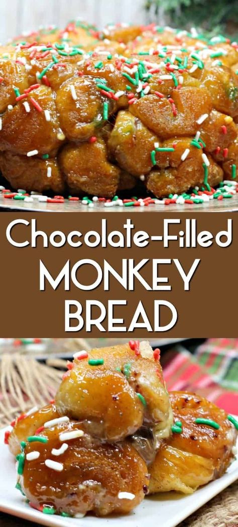 Chocolate Filled Monkey Bread! Monkey Bread is delicious, but add Hershey Kisses wrapped inside the flakey biscuits covered in cinnamon sugar and we get a Chocolate Monkey Bread recipe that will blow your mind! #monkeybread #chocolate #christmas #christmasdessert #pullapart #pullapartbread #easydessert #cinnamon #cinnamonsugar #caramel #dessertbread Christmas Morning Monkey Bread, Monkey Bread Christmas, Christmas Day Breakfast Ideas, Christmas Monkey Bread, Christmas Day Breakfast, Pull Apart Monkey Bread, Christmas Monkey, Monkey Bread Recipe Easy, Cinnamon Monkey Bread