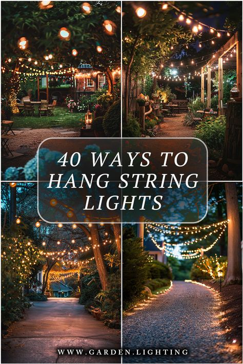 a series of photos of a garden with string lights and a path Outdoor String Lights Backyard, Outdoor String Lighting Ideas, Outdoor String Lighting, Backyard Party Lighting, Yard String Lights, Porch String Lights, Outdoor Lighting Ideas Backyards, Backyard String Lights, Outdoor String Lights Patio