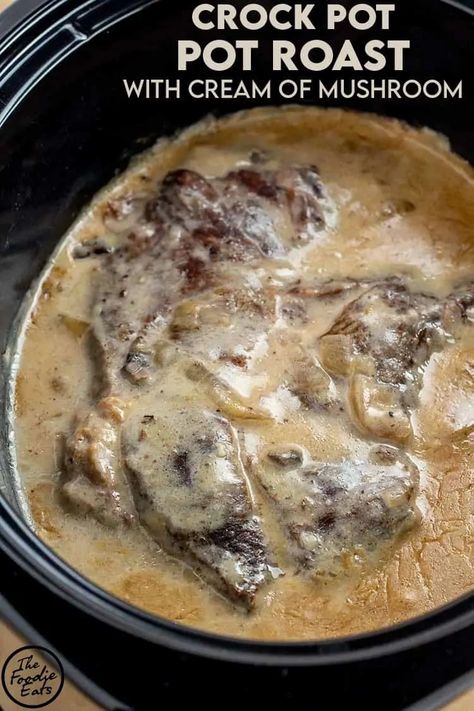 With just 3 ingredients, this Crock Pot pot roast with cream of mushroom soup may be the easiest recipe on the entire internet. But don't let that fool you... It is second to none in flavor! #crockpotpotroast #slowcookerpotroast #potroastwithcreamofmushroomsoup #easypotroast Crock Pot Chuck Roast, Crockpot Pot Roast, Pot Roast Crock Pot Recipes, Chuck Roast Recipes, Easy Pot Roast, Pot Roast Recipe, Mushroom Soup Recipes, Crockpot Roast, Slow Cooker Roast