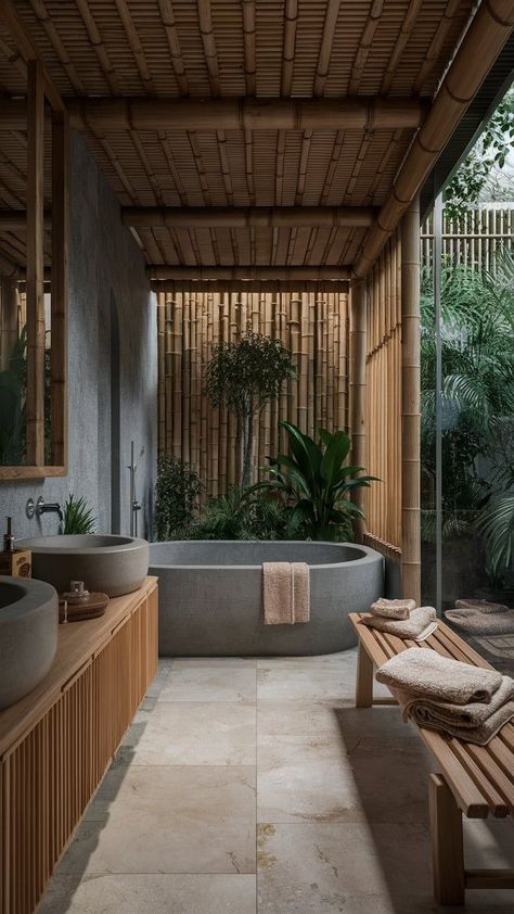 Tulum Bedroom, Modern Luxury Bathroom Design Master Bath, Zen Spa Bathroom Ideas, Bali Bathroom, Green Tile Bathroom, Townhouse Exterior, Zen Bathroom, Serene Bathroom, Outdoor Baths