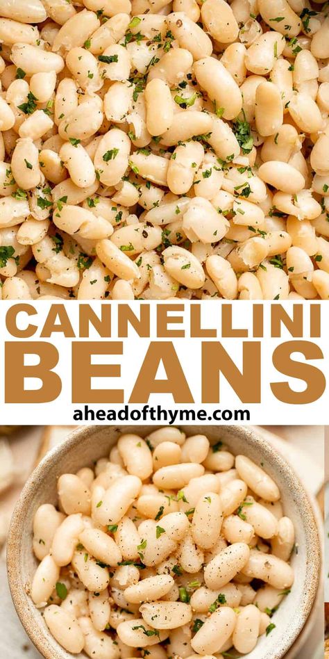 One pot Cannellini Beans are naturally creamy, buttery, and nourishing. This easy white bean recipe will transform dry beans into tender bites loaded with flavor. Serve them as a simple vegan side dish or as a delicious addition to hearty soups, salads, dips, and more. As the creamy white beans cook in aromatic veggies and seasonings, they'll infuse layers of flavor in ways canned beans can't. They're popular in Italian cuisine. | aheadofthyme.com #cannellinibeans #whitebeans # via @aheadofthyme Caneloni Beans Recipe, Cannillie Beans, Bean Side Dish Recipes, Canned Bean Recipes, Cannellini Bean Recipes, Creamy White Beans, Cannellini Beans Recipes, Vegetable Meals, White Bean Hummus