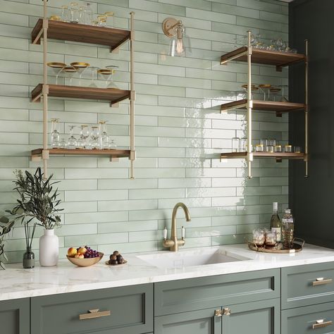 Emerald Island Kitchen, Green Mosaic Tiles Kitchen, Green Cabinets With Green Backsplash, Gray Cabinets Green Backsplash, Mint Kitchen Backsplash, Subway Tile Green Kitchen, Backsplash For Green Countertops, Pale Green Backsplash, Interesting Tile Backsplash Kitchen