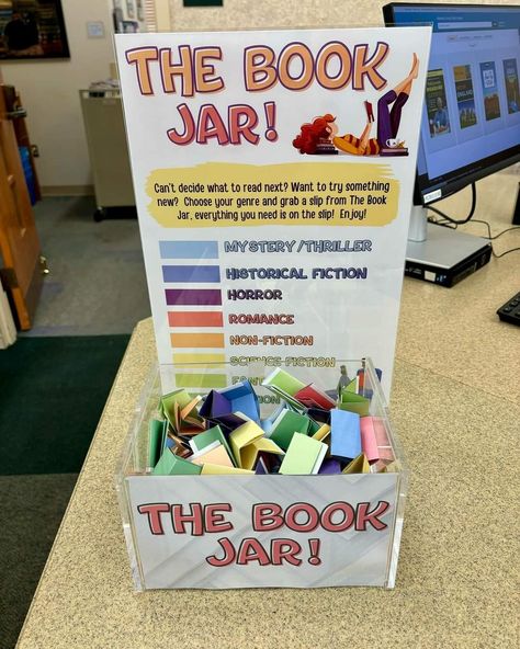 School Library Classroom Management, Library Magazine Display Ideas, Library Book Recommendation Display, Library Cricut Ideas, New Book Signs For Library, Library Giveaway Ideas, Library Programming For Adults, Public Library Book Display Ideas, Library Celebration Ideas