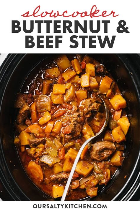 Swap white potatoes for butternut squash to transform standard beef stew into a whole new experience. Cooked low and slow in your crockpot, the beef is fall apart tender with perfectly cooked vegetables in a seasoned gravy. Just a few simple substitutions create a healthy, paleo and Whole30 approved slow cooker beef stew that's both hearty and incredibly nutritious. #crockpot #slowcooker #whole30 #paleo #whole30stew #paleorecipes Beef Stew Butternut Squash, Paleo Dinners Crockpot, Beef And Butternut Squash Stew Slow Cooker, Healthy Slow Cooker Stew, Healthy Crockpot Recipes Vegetables, Butternut Squash Whole 30 Recipes, Fall Dinner Recipes Slow Cooker, Beef Butternut Squash Stew, Butternut Squash Stew Crockpot