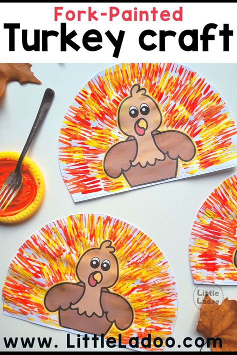 Turkey Craft with fork Painting Fork Turkey Craft, Paint Turkey Craft, Thanksgiving Sensory Table Preschool, Turkeys Preschool Crafts, Turkey Craft With Kids Face, Turkey Mosaic Craft, Turkey Party Ideas, Turkey Head Band Craft, Thanksgiving Art For Kindergarteners